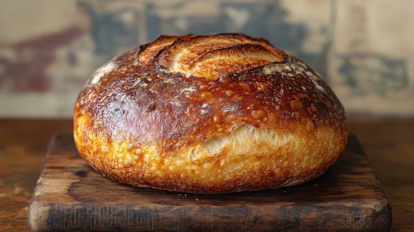 Round sourdough bread with a crispy crust sits on a wooden cutting board. The warm, golden tones and rustic background create an inviting kitchen atmosphere.